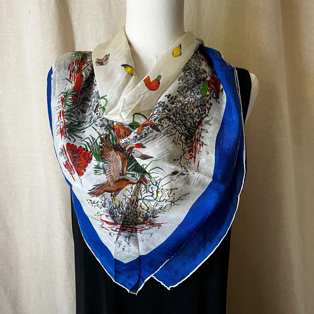 Vintage Hunting Equestrian Silk Scarf Blue Border Fox Hunt Birds Deer 31x34